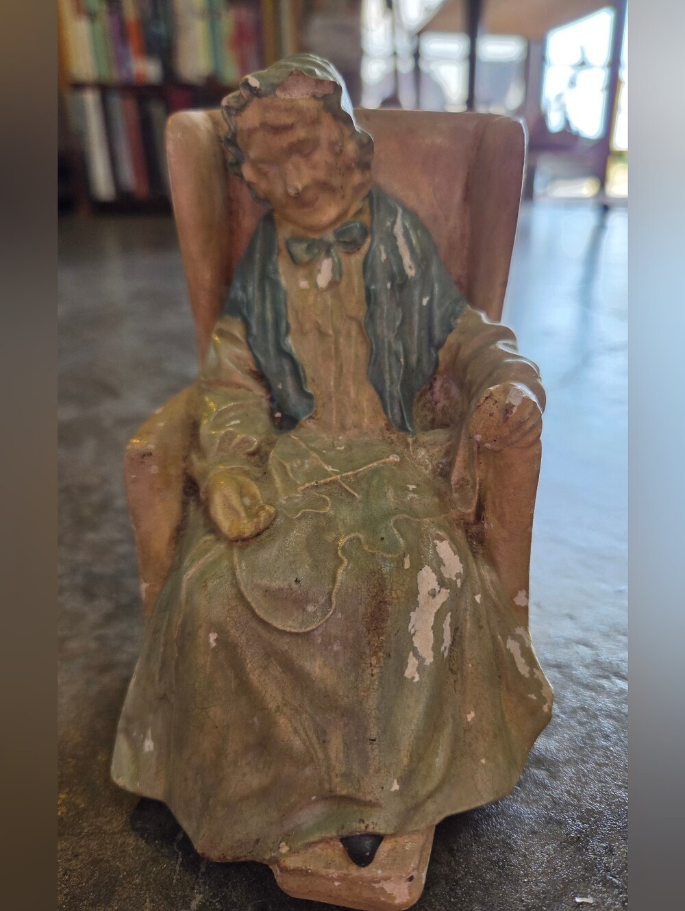 Chalkware Terracotta Figurine Old Grandma Knitting in Armchair Wingback Chair